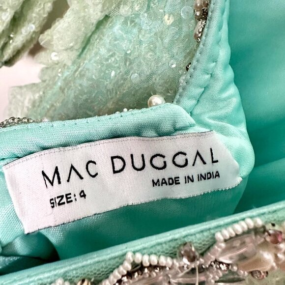 MAC DUGGAL Sequined Faux Wrap Cut Out Puff Sleeve Gown in Soft Mint Size US 4 - Picture 5 of 11